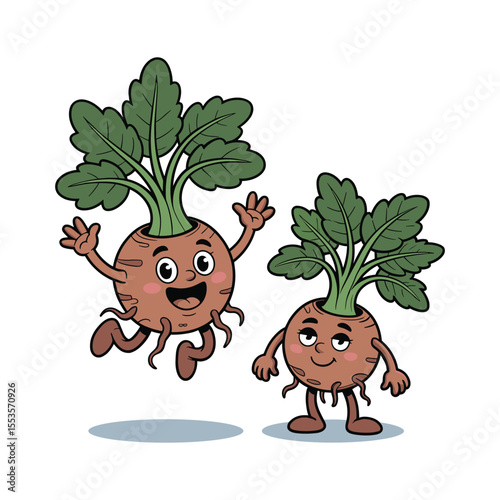 Cartoon Cute Turnip Characters Happy Vegetable Mascot Vector Illustration.