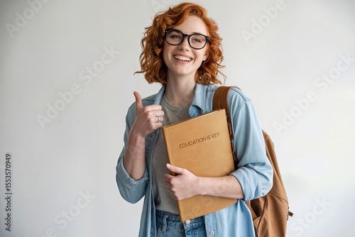 Young girl student with red hair smiling confidently holding a book and giving a thumbs up in classroom