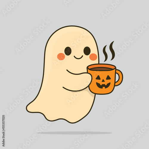 Cute Ghost Enjoying Coffee in a Pumpkin Mug for Halloween