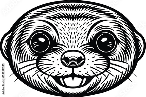 Cute black and white otter head has a happy expression and detailed fur