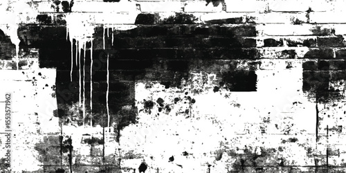 Grunge brick wall black and white background. Grunge brick wall isolated on transparent background. Texture of a brick wall with cracks and scratches which can be used as a background