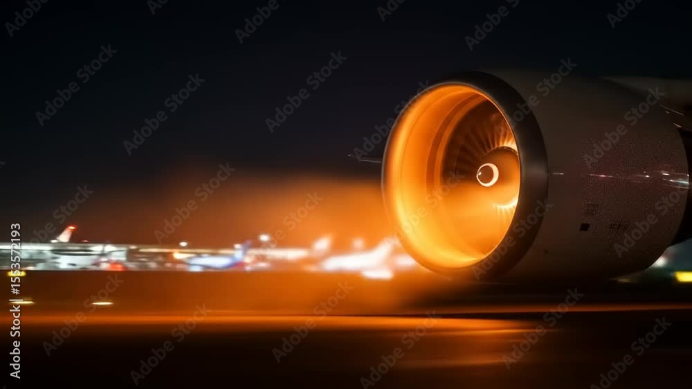 Jet engine emitting orange glow during takeoff at night with blurred airport background lights