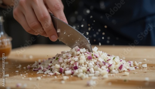Chopping Vegetables on a Wooden Countertop for Meal Preparation in a Kitchen