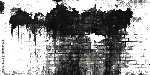 Grunge brick wall black and white background. Grunge brick wall isolated on transparent background. Texture of a brick wall with cracks and scratches which can be used as a background