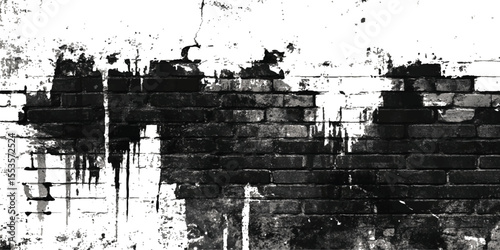 Grunge brick wall black and white background. Grunge brick wall isolated on transparent background. Texture of a brick wall with cracks and scratches which can be used as a background
