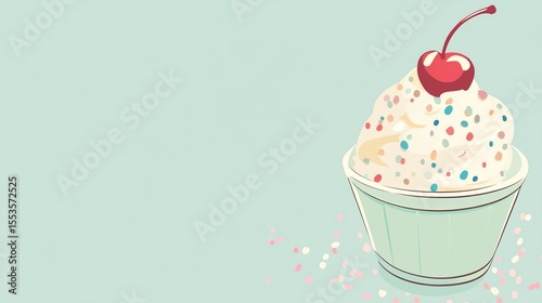 Closeup of a Beautifully Decorated Cupcake with Creamy Frosting a Sweet Cherry on Top and Colorful Sprinkles Against a Mint Green Background