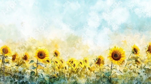 Panoramic view of a lush vibrant sunflower field stretching across a scenic countryside landscape under a bright sunny summer sky  The golden flowers in full bloom create a beautiful