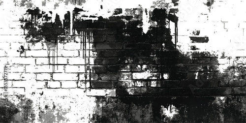 Grunge brick wall black and white background. Grunge brick wall isolated on transparent background. Texture of a brick wall with cracks and scratches which can be used as a background