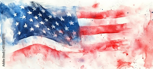 Vibrant watercolor painting of the American flag with a distressed grunge like texture and splatter effect creating an representation of the iconic national symbol of the United States of America