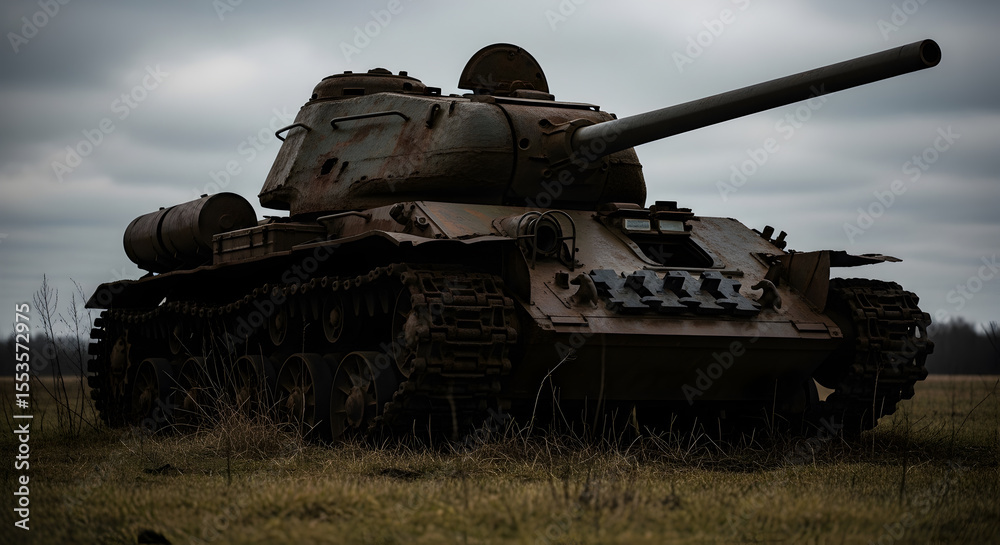 Fototapeta premium Abandoned rusty military tank in open field