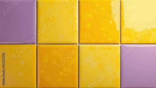 Closeup of shiny yellow and purple square tiles forming a vibrant grid pattern
