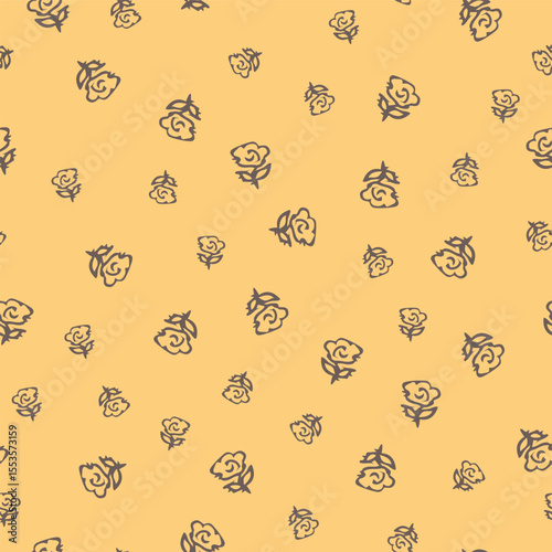 Ditsy Stylized Flowers in Dark Brown Line Art in a Non Directional Tossed Design on Yellow Ochre creating a seamless pattern print