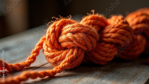 Closeup of an orange rope tied in a knot on a wooden table, highlighting texture and detail.