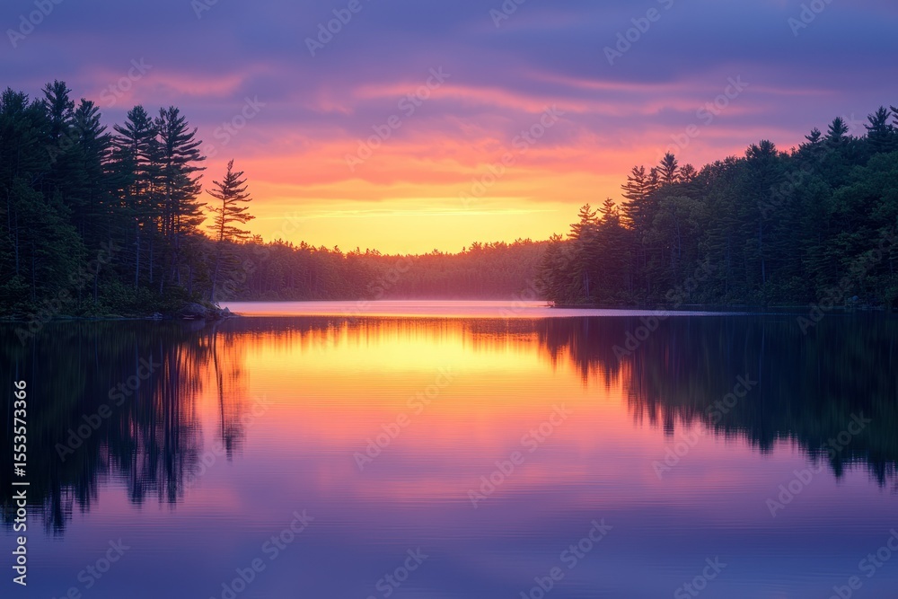 Fototapeta premium Serene lake sunset over tranquil forest
