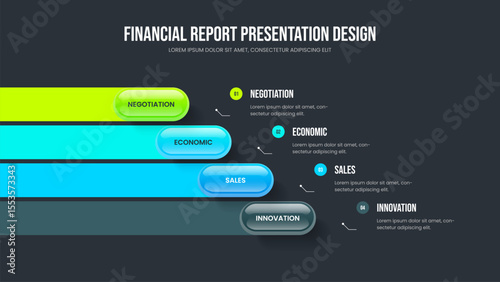 Consulting Report 4 Step Diagram Slide Template. Market Visualization Four Element Infographic Presentation Design. Service Briefing Frame Layout Vector Illustration.