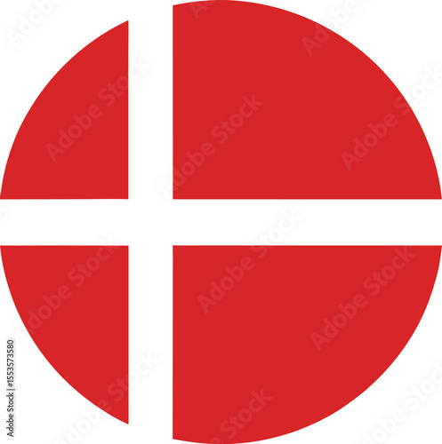Vector illustration of Denmark national flag in circular shape featuring red background with a white Scandinavian cross symbolizing heritage and unity