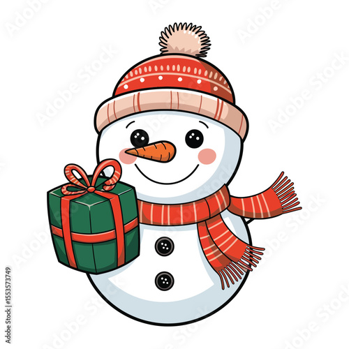 A cute, festive illustration of a smiling snowman holding wrapped Christmas presents. The snowman has a round, friendly face, black button eyes, a carrot nose, and rosy cheeks.