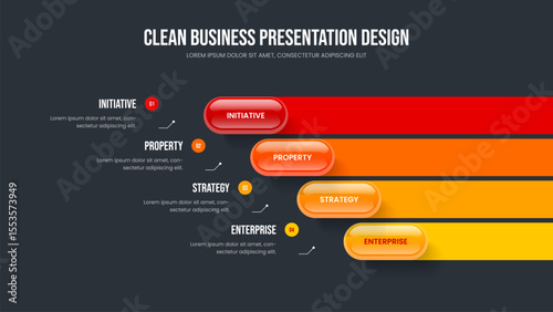 Enterprise Strategy 4 Step Infographic Slide Layout. Corporate Showcase Four Element Diagram Presentation Template. Consulting Visualization Frame Design Vector Illustration.