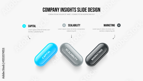 Product Profile Slideshow Template Vector Illustration. Professional Performance 3 Element Diagram Presentation Design. Financial Growth Three Step Infographic Slide Layout.