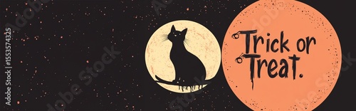 A mysterious black cat silhouette is perched atop a tree branch watching intently as a glowing full moon illuminates the dark autumn night sky  This spooky