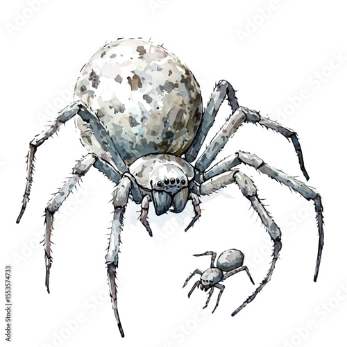 watercolor vector of A Mother Spider With Her Kid, isolated on a white background.