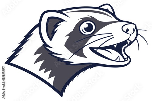 Ferret head shows an open mouth, sharp teeth, and dark accents for a striking appearance