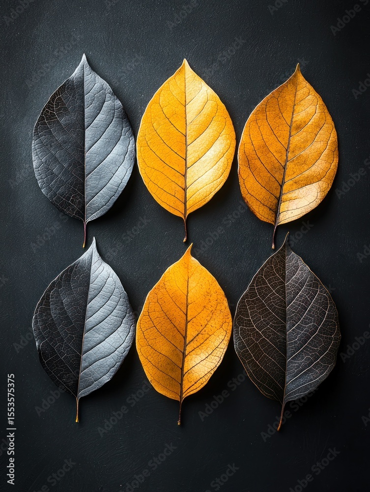 Obraz premium Six autumn leaves, two shades of color, on dark background
