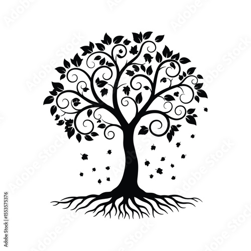 Black and White Ornate Tree Silhouette with Roots and Falling Leaves Vector Graphic