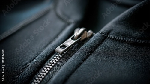 Close up of a sleek black wetsuit zipper, highlighting craftsmanship and durability for surfers.