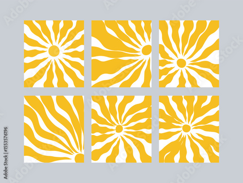  Collection of six abstract yellow sunburst pattern tiles with wavy radiating lines on a gray background. Bold, geometric vector designs evoking solar energy and retro style.