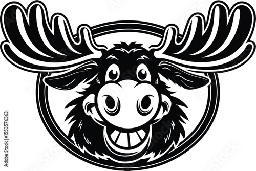 Cartoon moose with large antlers and goofy smile emerges from black circle