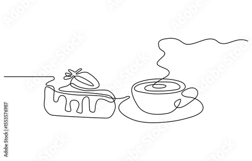 Piece of cake with strawberry and coffee drawn in one line style. Breakfast theme with linear pastry and coffee for logo and posters, simple sketch design. Vector