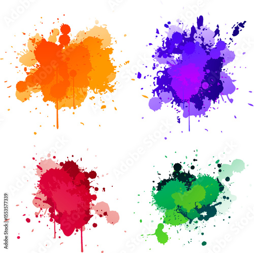 Colorful watercolor paint splatter backgrounds in orange purple red and green isolated on white