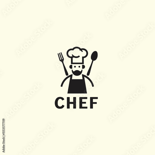 Monochrome chef logo featuring a mustached cook with spoon and fork, wearing classic chef hat and apron