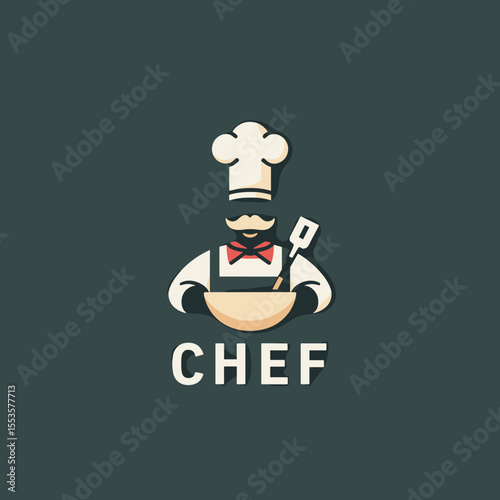 Chef logo with mustached man wearing a hat and red bow tie, holding a mixing bowl and spatula on dark background