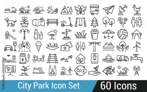 Comprehensive city park icon set featuring recreation nature and sustainability elements