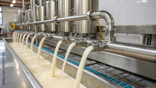 Creamy Liquid Flows Through Stainless Steel Pipes into a Modern Dairy Processing Facility, a Scene of Efficiency and Precision in Food Production photo