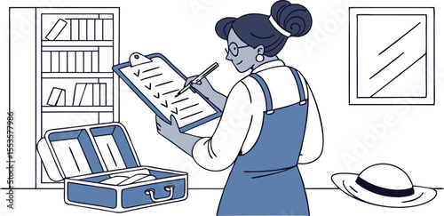 Woman packing suitcase and checking checklist in room illustration isolated on transparent background