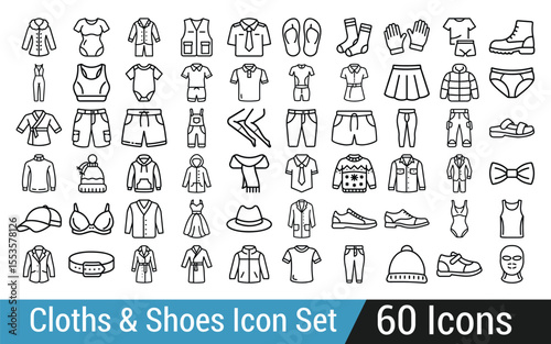 Collection of 60 outline icons representing various clothing and footwear items