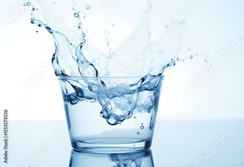 Water Splash in Glass with Droplets Falling from Rim – Freshness and Fluid Movement

