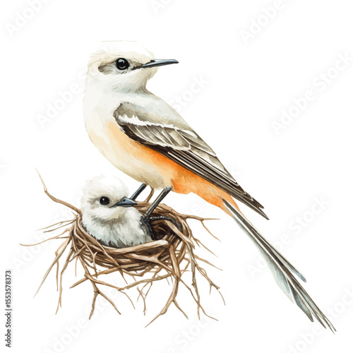 A Mother Scissor-tailed Flycatcher With Her Kid, watercolor drawing vector, isolated on a white background.