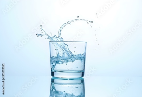 Water Splash in Glass with Droplets Falling from Rim – Freshness and Fluid Movement

