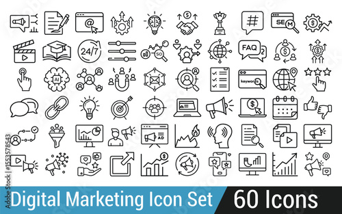 Comprehensive digital marketing icon set featuring sixty unique symbols for online business growth