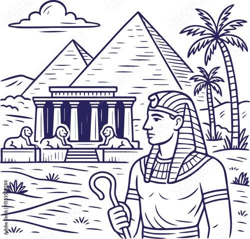 Ancient Egyptian pharaoh with pyramids and temple in outline style