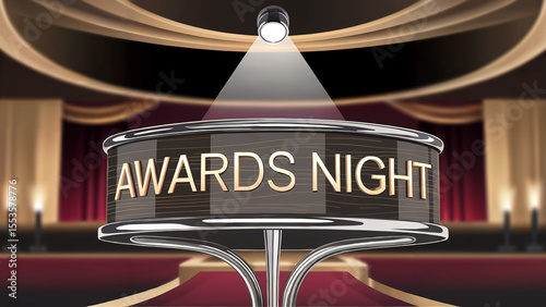 Spotlight on the awards night podium with red carpet and curtains