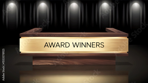 Elegant wooden podium with golden plate for award winners