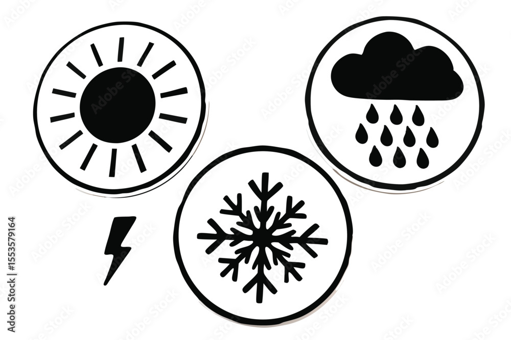 Fototapeta premium Minimalist Weather Symbols Set – Sun, Rain, Snow, and Thunderstorm Icons on Light Background