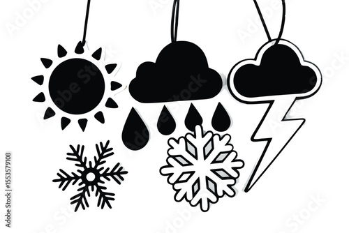 Minimalist Weather Symbols Set – Sun, Rain, Snow, and Thunderstorm Icons on Light Background

