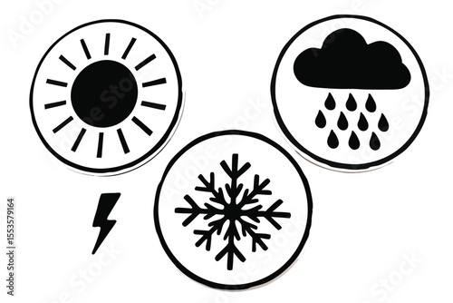 Minimalist Weather Symbols Set – Sun, Rain, Snow, and Thunderstorm Icons on Light Background

