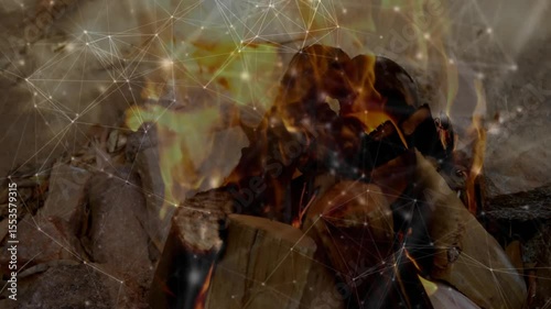 Flames emerging at log base, fluctuating, revealing glowing embers with network grid for monitoring